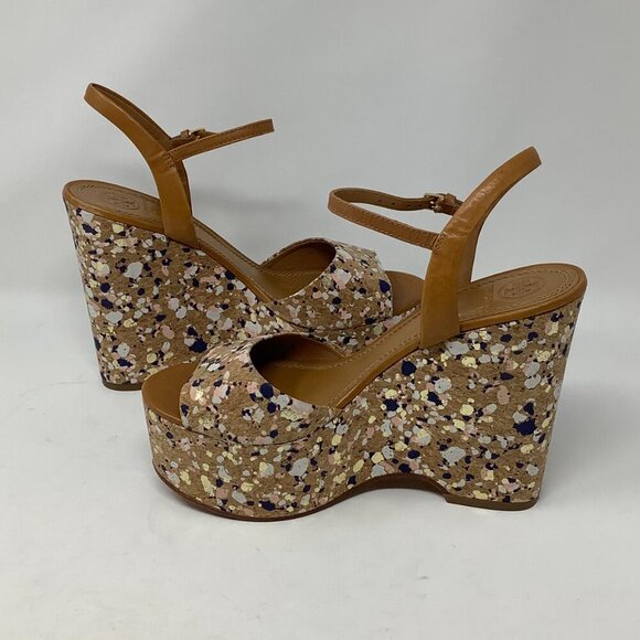 Tory Burch Solana Confetti cork wedges 8.5M sandals brown leather ankle strap - Picture 7 of 9